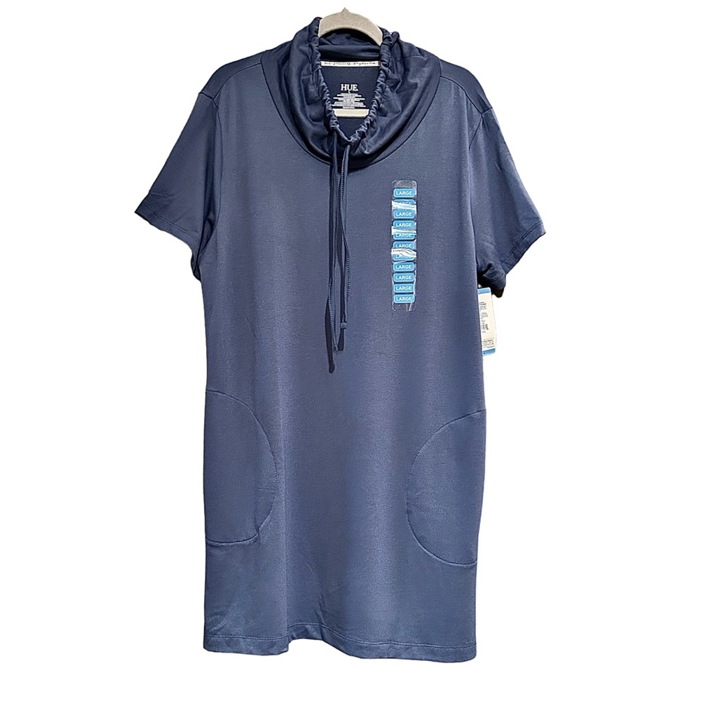 Hue Indigo Cowl Neck Scrunch Tunic Pullover Dress Size L